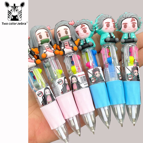 4 Colors Demon Slayer Kamado Tanjirou Nezuko Surrounding Cartoon Mini Ballpoint Pen Student Write Stationery Colour Pencil