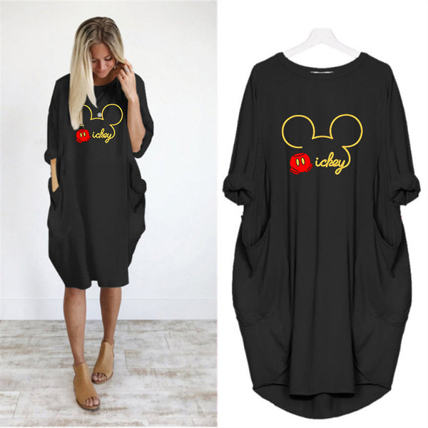 Cute Mickey Print Pocket Loose Dresses Vintage