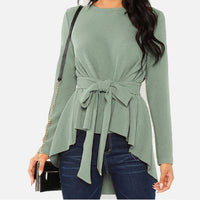 Swallowtail Blouse O neck Bow Tie Long Sleeve Solid  Casual Blouses