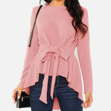 Swallowtail Blouse O neck Bow Tie Long Sleeve Solid  Casual Blouses