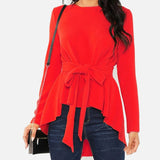 Swallowtail Blouse O neck Bow Tie Long Sleeve Solid  Casual Blouses