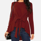 Swallowtail Blouse O neck Bow Tie Long Sleeve Solid  Casual Blouses