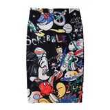 Pencil Skirt Graffiti Cartoon Disney Print High Waist Slim Skirts Black