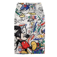 Pencil Skirt Graffiti Cartoon Disney Print High Waist Slim Skirts Black