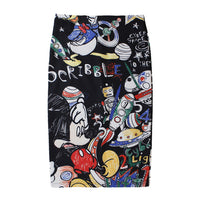 Pencil Skirt Graffiti Cartoon Disney Print High Waist Slim Skirts White