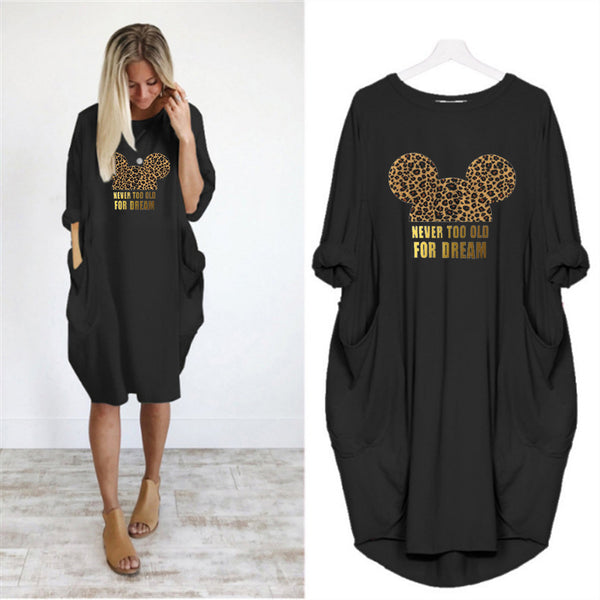 Mickey Black Pocket Loose Leopard Print Dresses